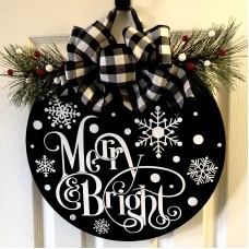 Merry & Bright in Black & White Painted Round Wood Sign