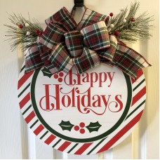 Happy Holidays Red and Green Stripes Painted Round Wood Sign
