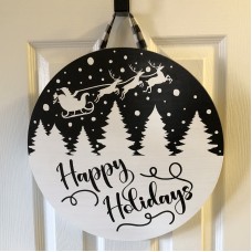 Happy Holidays Winter Scene Painted Round Wood Sign