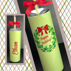 Happy Holidays Berry Wreath Skinny Stainless Steel Tumbler